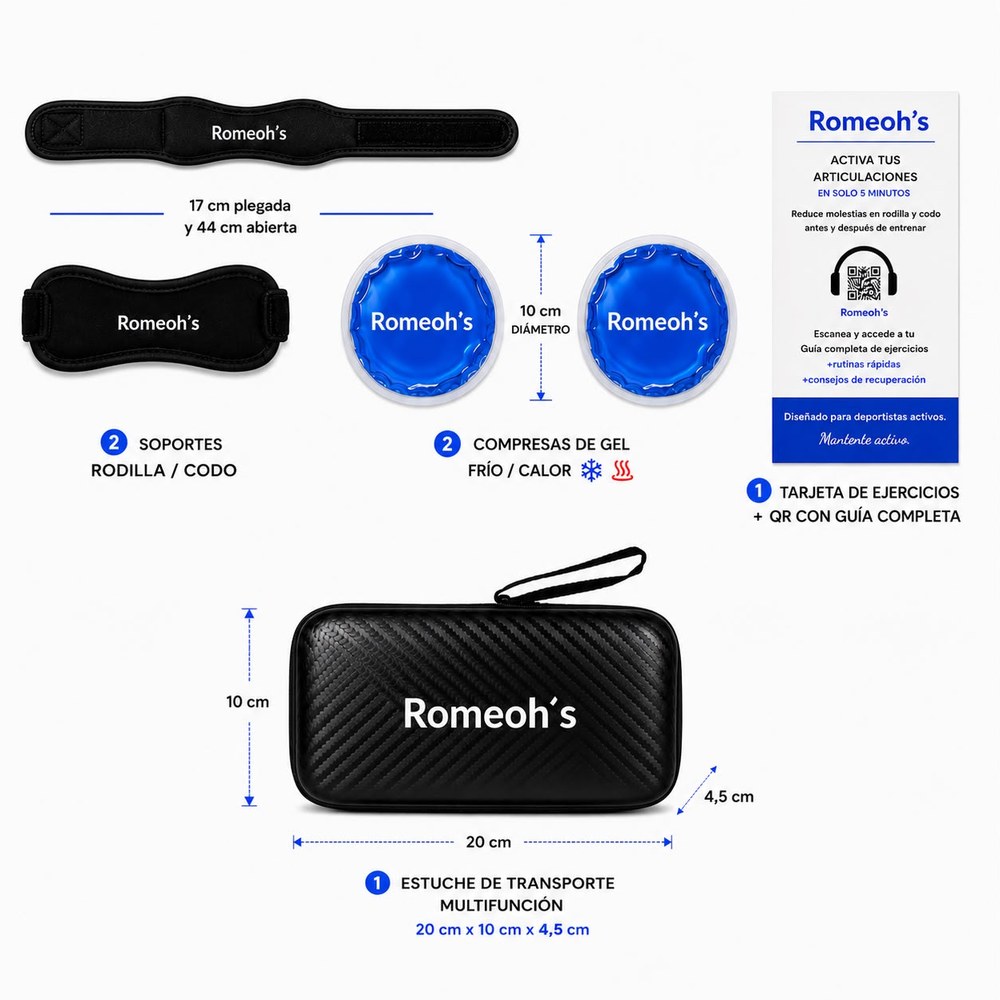 Romeoh's Active Kit completo: 2 soportes, 2 compresas de gel, tarjeta de ejercicios y estuche premium